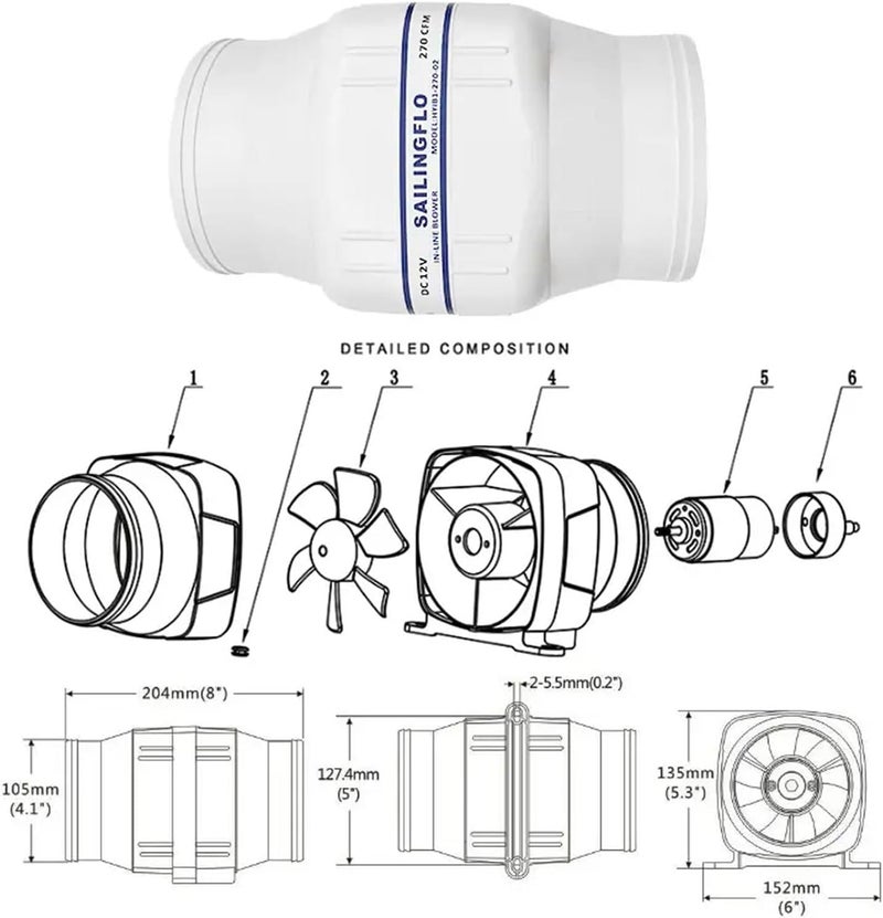 SAILINGFLO 4" in-line Marine Bilge Air Blower 12V 270CFM Centrifugal Bilge Fan - Image 5
